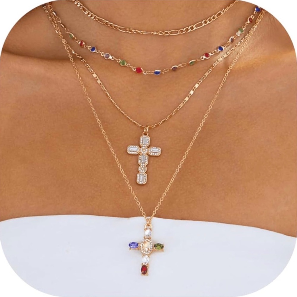 Layered Gold tone & Multicolor Cross Pendant Necklace Set 4 piece - NEW NWT prom